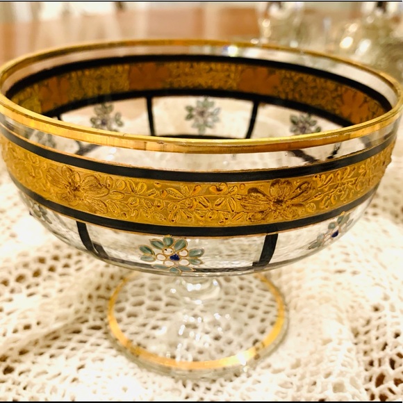 Vintage Other - Vintage Hand Painted Pedestal Glass Dish Gold Trim